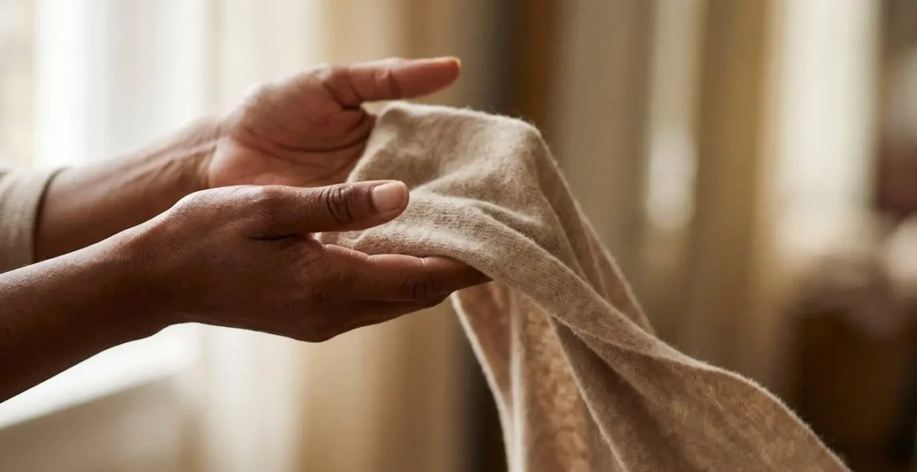 Woman's hands gently releasing a piece of clothing with soft natural light symbolizing emotional freedom and self-acceptance